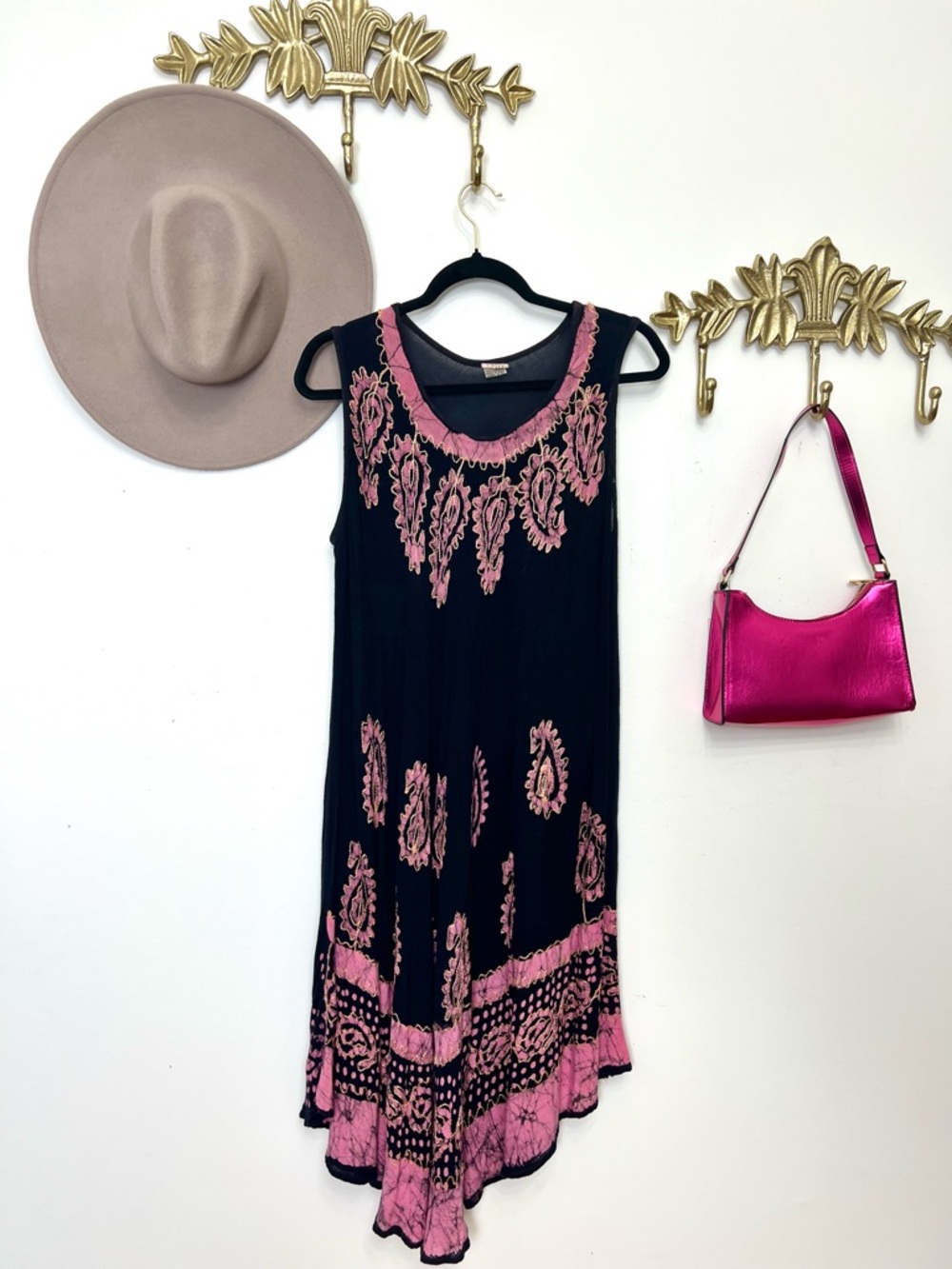 Sleeveless Black Mini Dress with Pink Embroidered Detail ptp 23” l 42”